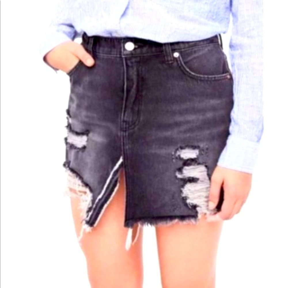 Free People  Black Denim Distressed Skirt Size 24